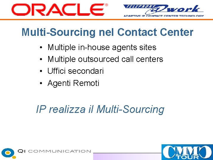 Multi-Sourcing nel Contact Center • • Multiple in-house agents sites Multiple outsourced call centers