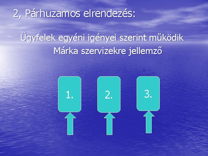 2, Párhuzamos elrendezés: Ügyfelek egyéni igényei szerint működik Márka szervizekre jellemző 1. 2. 3.