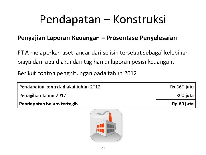 Pendapatan – Konstruksi Penyajian Laporan Keuangan – Prosentase Penyelesaian PT A melaporkan aset lancar