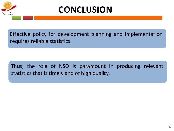 CONCLUSION Effective policy for development planning and implementation requires reliable statistics. Thus, the role