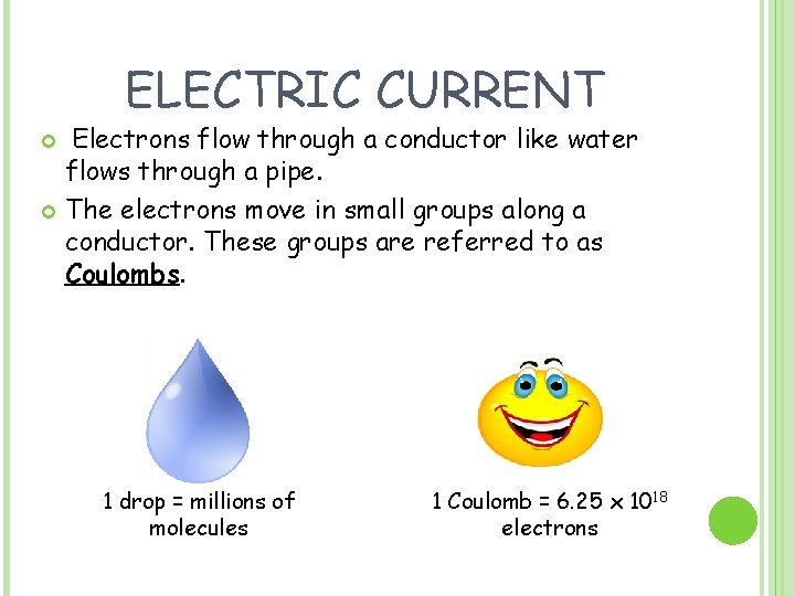ELECTRIC CURRENT Electrons flow through a conductor like water flows through a pipe. The