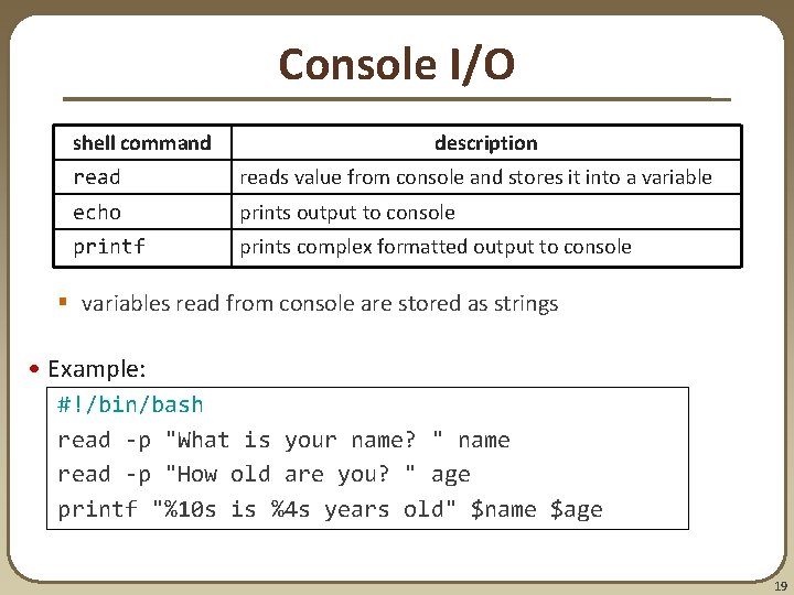 Console I/O shell command description reads value from console and stores it into a