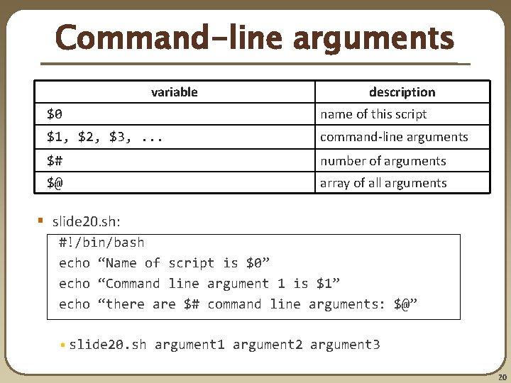 Command-line arguments variable description $0 name of this script $1, $2, $3, . .