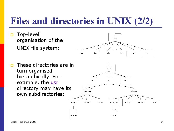 Files and directories in UNIX (2/2) p Top-level organisation of the UNIX file system: