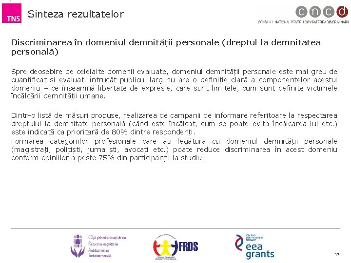 Sinteza rezultatelor Discriminarea în domeniul demnității personale (dreptul la demnitatea personală) Spre deosebire de