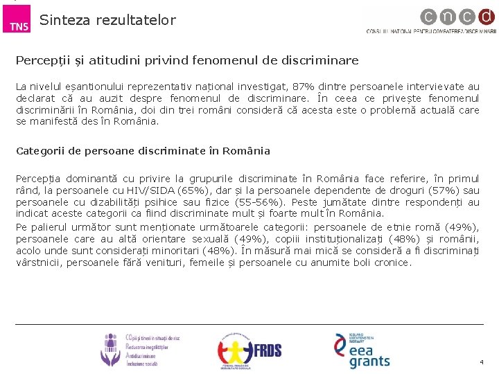 Sinteza rezultatelor Percepții și atitudini privind fenomenul de discriminare La nivelul eșantionului reprezentativ național