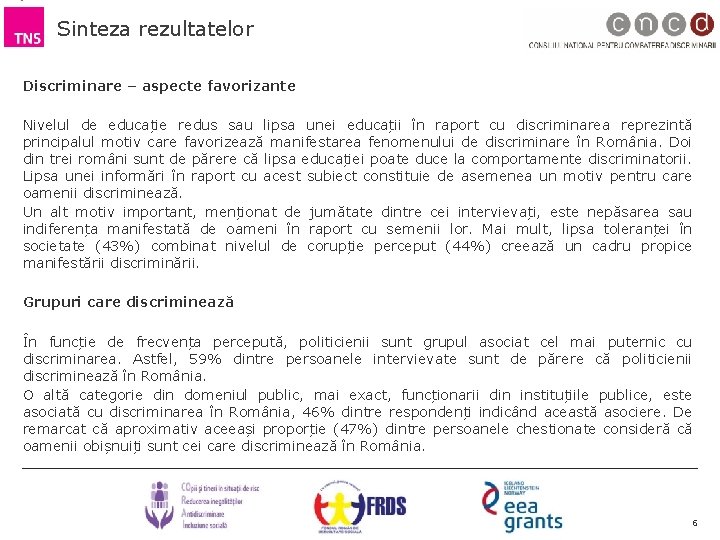 Sinteza rezultatelor Discriminare – aspecte favorizante Nivelul de educație redus sau lipsa unei educații