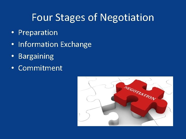 Four Stages of Negotiation • • Preparation Information Exchange Bargaining Commitment 