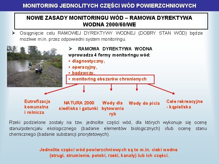 MONITORING JEDNOLITYCH CZĘŚCI WÓD POWIERZCHNIOWYCH NOWE ZASADY MONITORINGU WÓD – RAMOWA DYREKTYWA WODNA 2000/60/WE