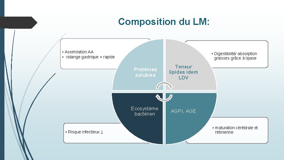 Composition du LM: • Assimilation AA • vidange gastrique + rapide • Risque infectieux