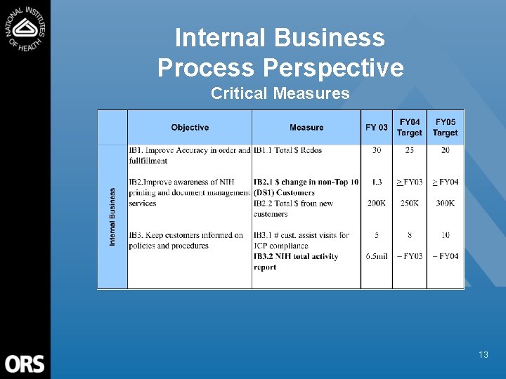 Internal Business Process Perspective Critical Measures 13 
