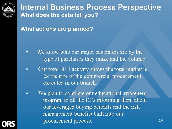 Internal Business Process Perspective What does the data tell you? What actions are planned?