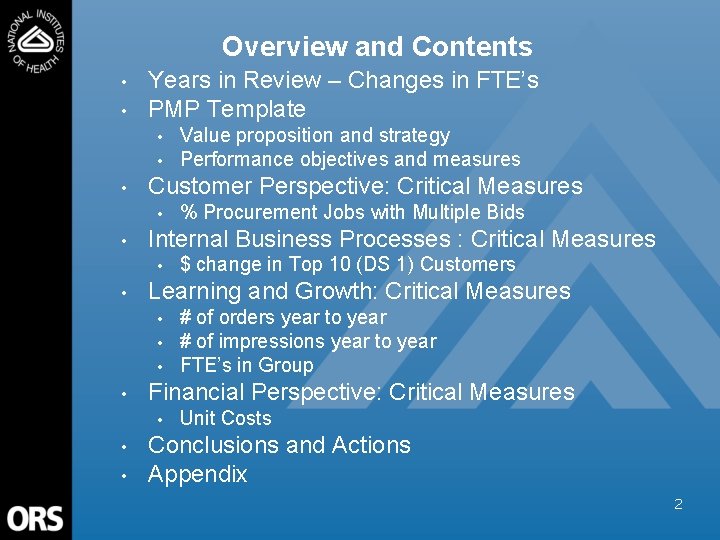 Overview and Contents • • Years in Review – Changes in FTE’s PMP Template