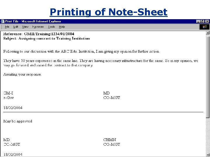 Printing of Note-Sheet 