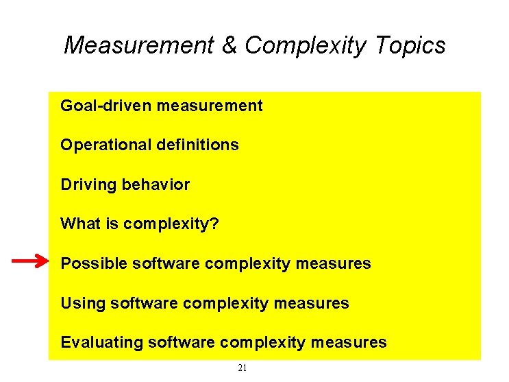 Measurement & Complexity Topics Goal-driven measurement Operational definitions Driving behavior What is complexity? Possible