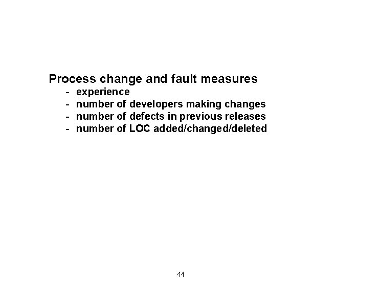 Process change and fault measures - experience number of developers making changes number of