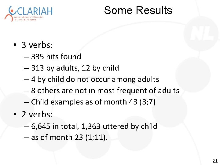 Some Results • 3 verbs: – 335 hits found – 313 by adults, 12