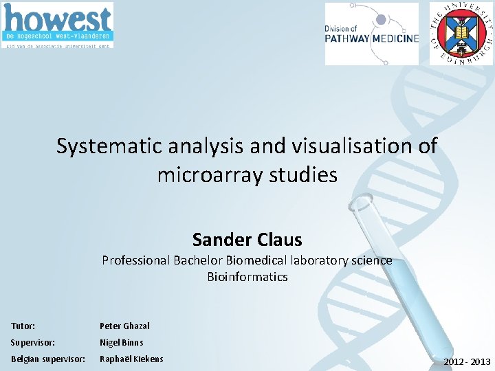Systematic analysis and visualisation of microarray studies Sander Claus Professional Bachelor Biomedical laboratory science