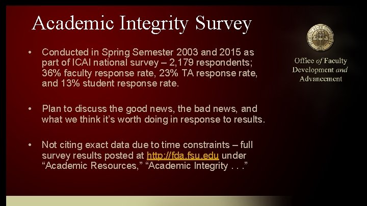 Academic Integrity Survey • Conducted in Spring Semester 2003 and 2015 as part of