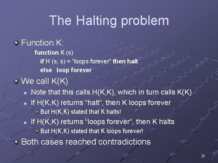 The Halting problem Function K: function K (s) if H (s, s) = “loops