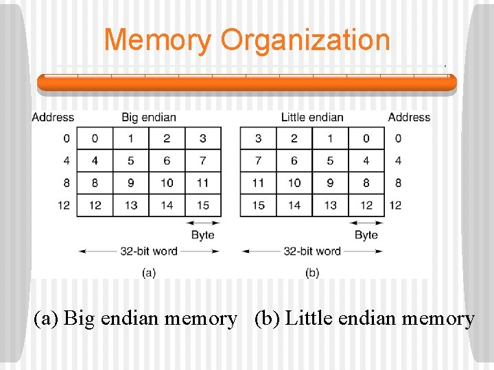 Memory Organization (a) Big endian memory (b) Little endian memory 