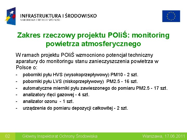 Zakres rzeczowy projektu POIiŚ: monitoring powietrza atmosferycznego W ramach projektu POIiŚ wzmocniono potencjał techniczny