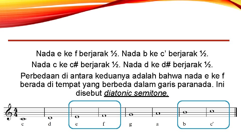 Nada e ke f berjarak ½. Nada b ke c’ berjarak ½. Nada c