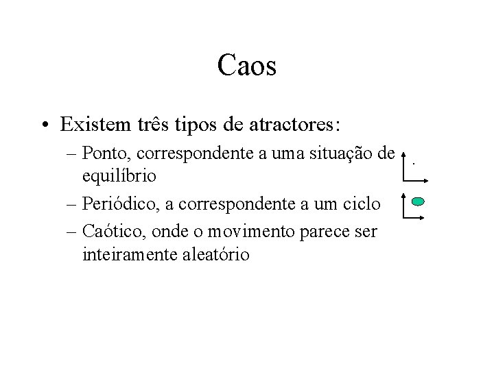 Caos • Existem três tipos de atractores: – Ponto, correspondente a uma situação de.