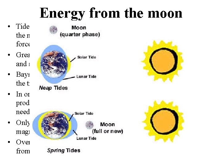 Energy from the moon • Tides generated by the combination of the moon and