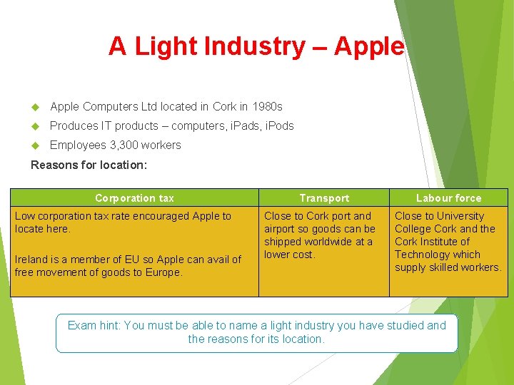 A Light Industry – Apple Computers Ltd located in Cork in 1980 s Produces