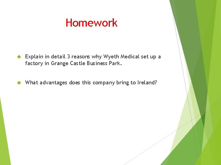 Homework Explain in detail 3 reasons why Wyeth Medical set up a factory in