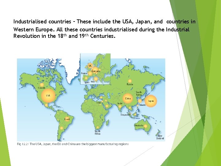 Industrialised countries – These include the USA, Japan, and countries in Western Europe. All