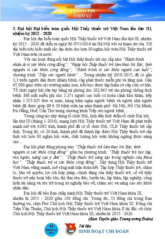 THÔNG TIN THỜI SỰ 3. Đại hội Đại biểu toàn quốc Hội Thầy thuốc