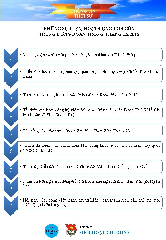THÔNG TIN THỜI SỰ NHỮNG SỰ KIỆN, HOẠT ĐỘNG LỚN CỦA TRUNG ƯƠNG ĐOÀN