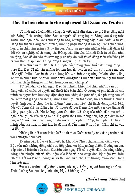 TRUYỀN THỐNG Bác Hồ luôn chăm lo cho mọi người khi Xuân về, Tết