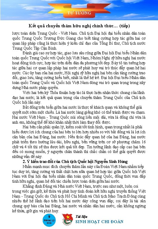 TƯ TƯỞNG Kết quả chuyến thăm hữu nghị chính thức… (tiếp) lược toàn diện