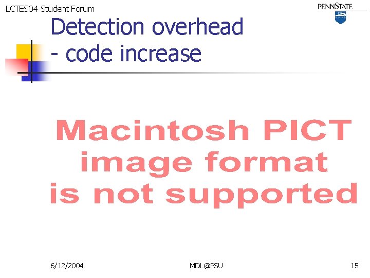 LCTES 04 -Student Forum Detection overhead - code increase 6/12/2004 MDL@PSU 15 