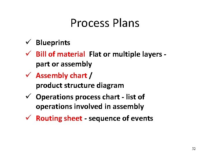Process Plans ü Blueprints ü Bill of material Flat or multiple layers part or