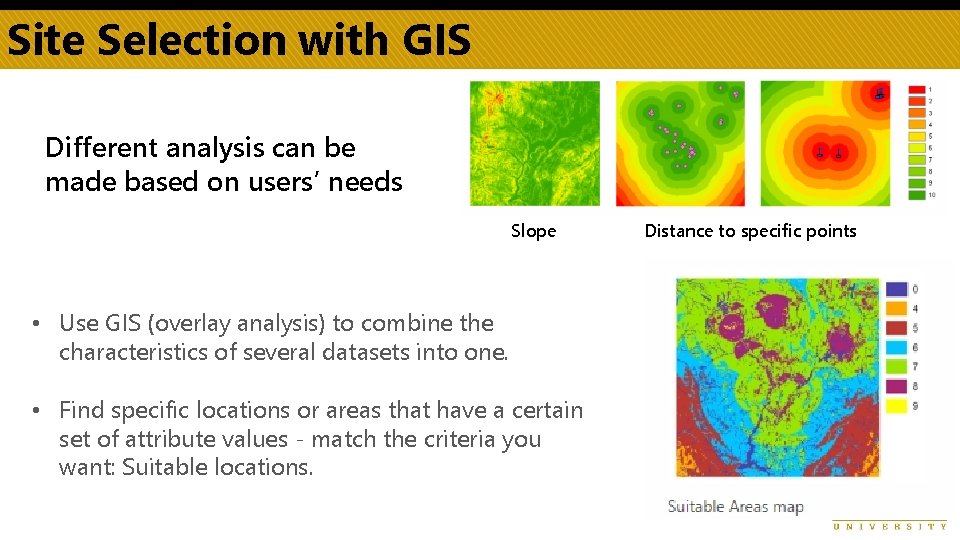 Site Selection with GIS Different analysis can be made based on users’ needs Slope