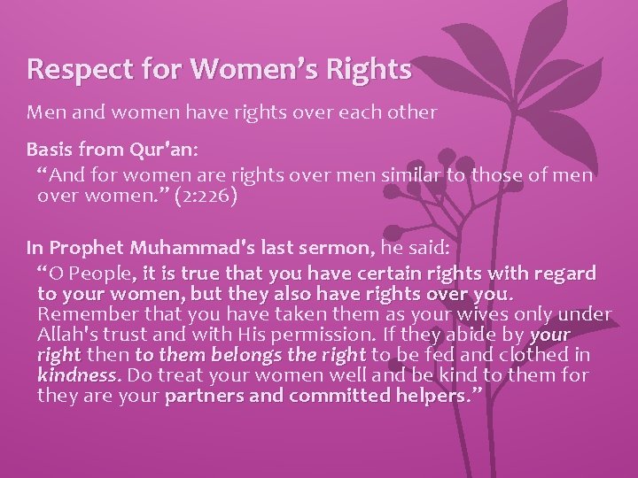 Respect for Women’s Rights Men and women have rights over each other Basis from