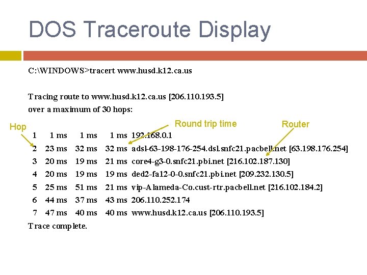 DOS Traceroute Display C: WINDOWS>tracert www. husd. k 12. ca. us Tracing route to