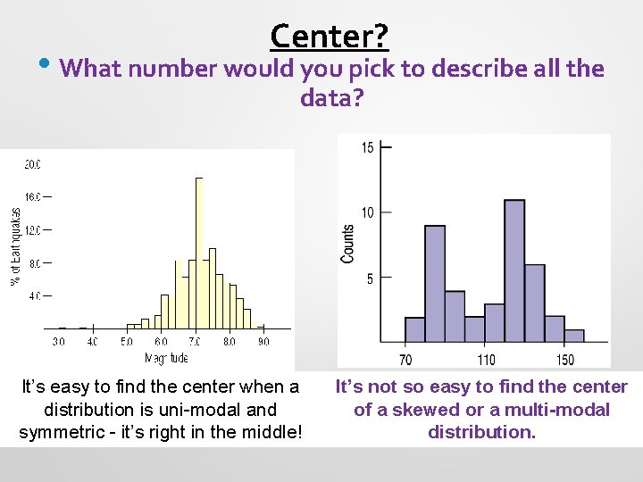 Center? • What number would you pick to describe all the data? It’s easy