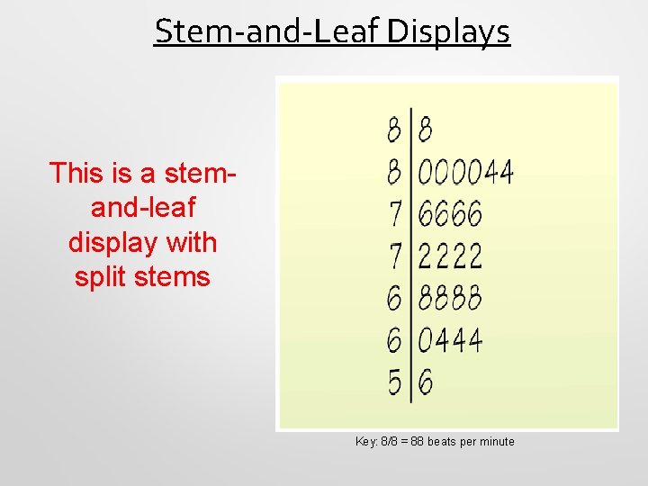 Stem-and-Leaf Displays This is a stemand-leaf display with split stems Key: 8/8 = 88