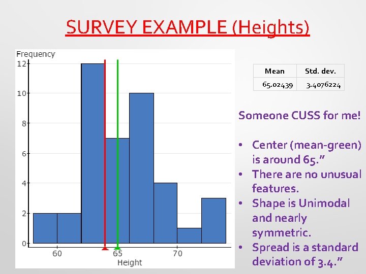 SURVEY EXAMPLE (Heights) Mean 65. 02439 Std. dev. 3. 4076224 Someone CUSS for me!