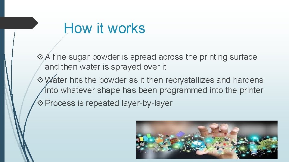 How it works A fine sugar powder is spread across the printing surface and