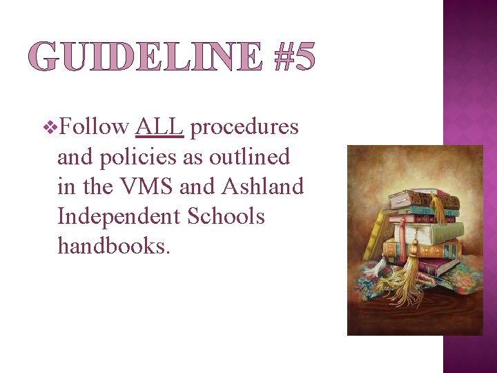 GUIDELINE #5 v. Follow ALL procedures and policies as outlined in the VMS and