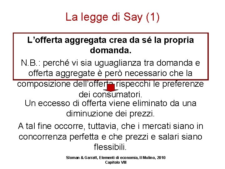 La legge di Say (1) L’offerta aggregata crea da sé la propria domanda. N.