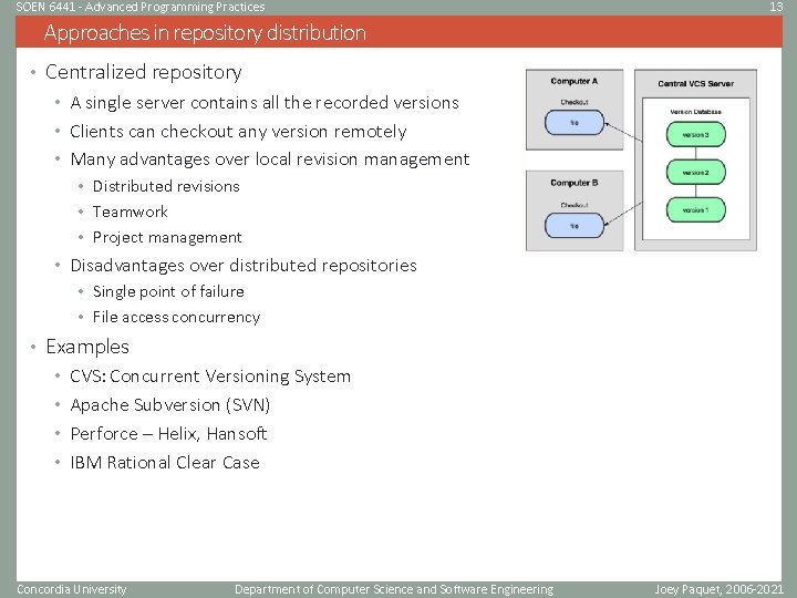 SOEN 6441 - Advanced Programming Practices 13 Approaches in repository distribution • Centralized repository