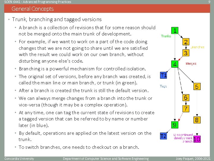 SOEN 6441 - Advanced Programming Practices 9 General Concepts • Trunk, branching and tagged