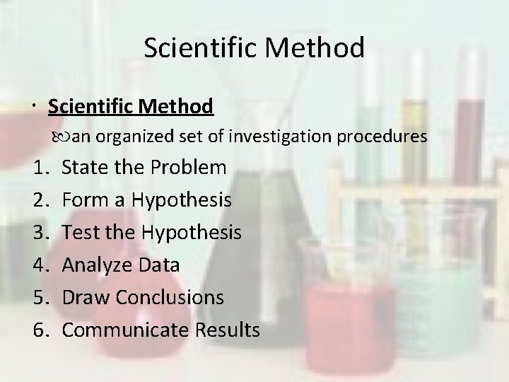 Scientific Method an organized set of investigation procedures 1. 2. 3. 4. 5. 6.